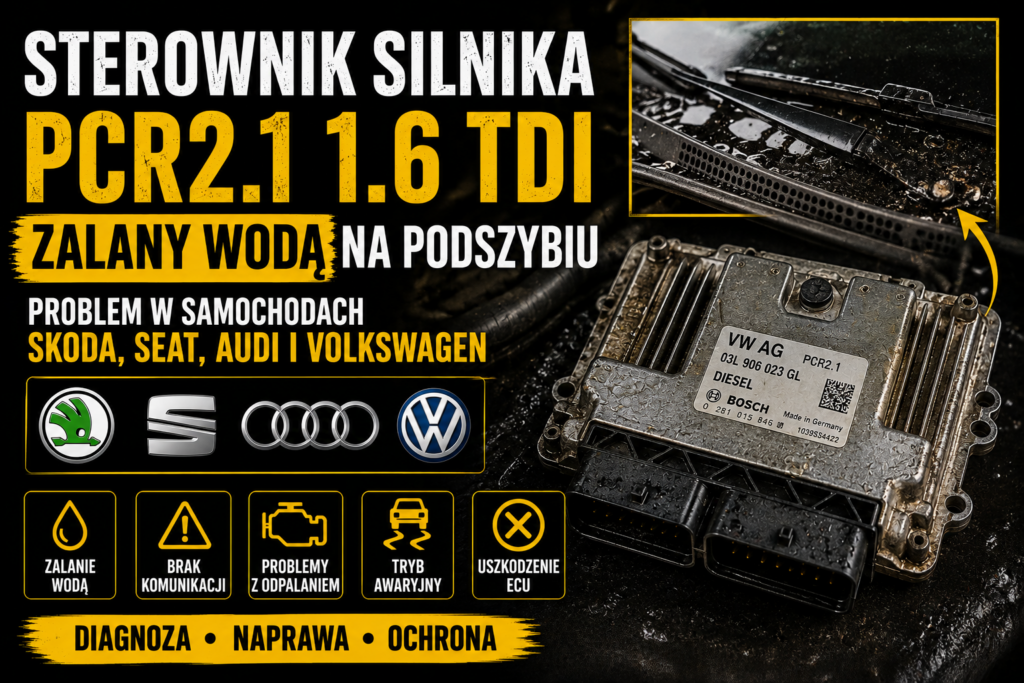 Sterownik silnika PCR2.1 1.6 TDI zalany wodą na podszybiu — problem w samochodach Skoda, Seat, Audi i Volkswagen
